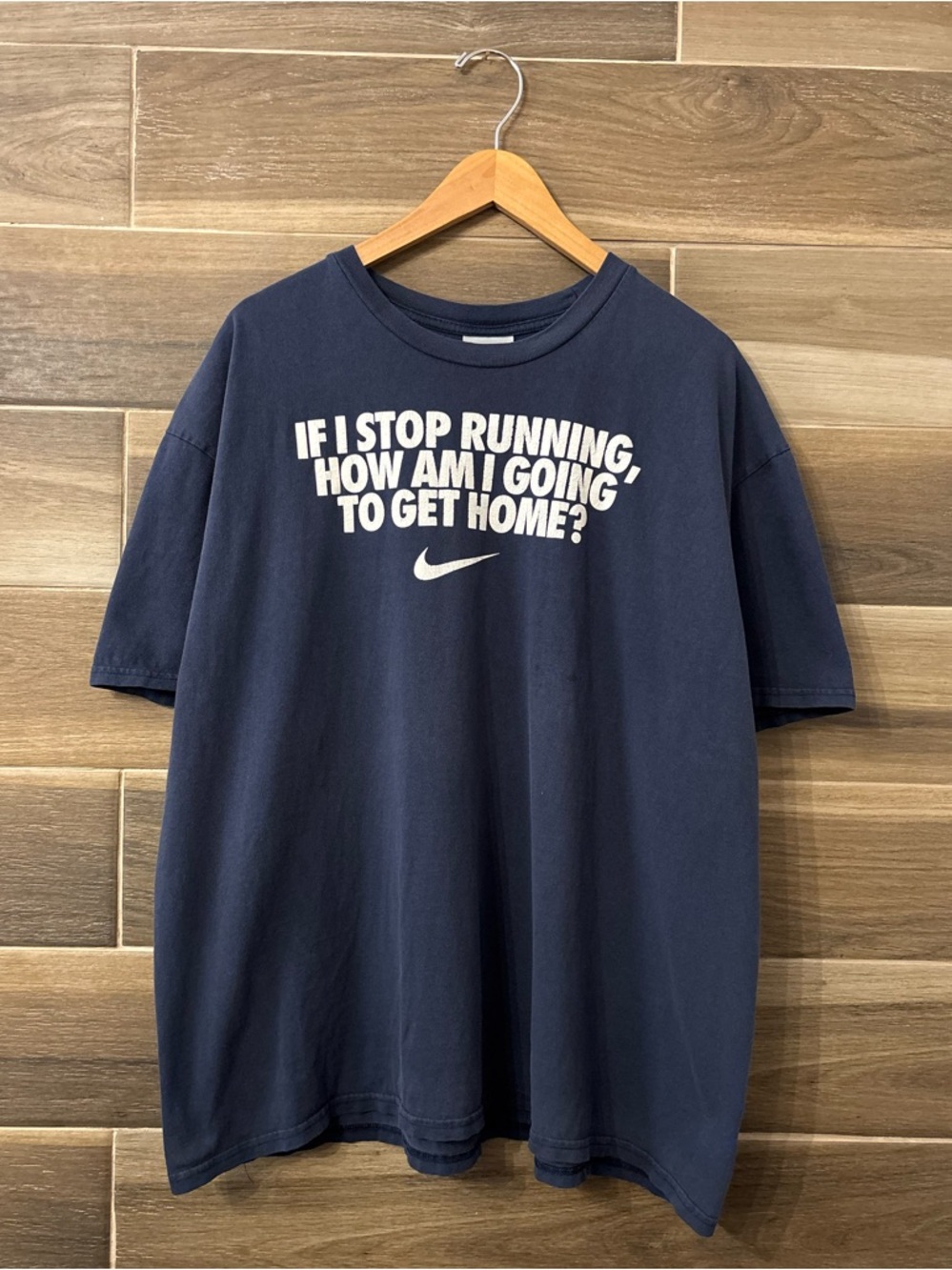 Vintage Nike Running Slogan Faded Navy T Shirt Size 3XL 90s Y2K Swoosh Rare Boxy